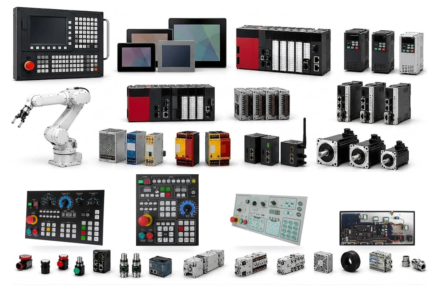 LIHAITEC control-system components overview: CNC controllers and control panels, HMIs, PLCs, IO modules, inverters, servo drives and servo motors, power supplies, safety relays, communication modules, robotic arms, pilot lights and pushbuttons, pneumatic valve manifolds and electrical-control parts
