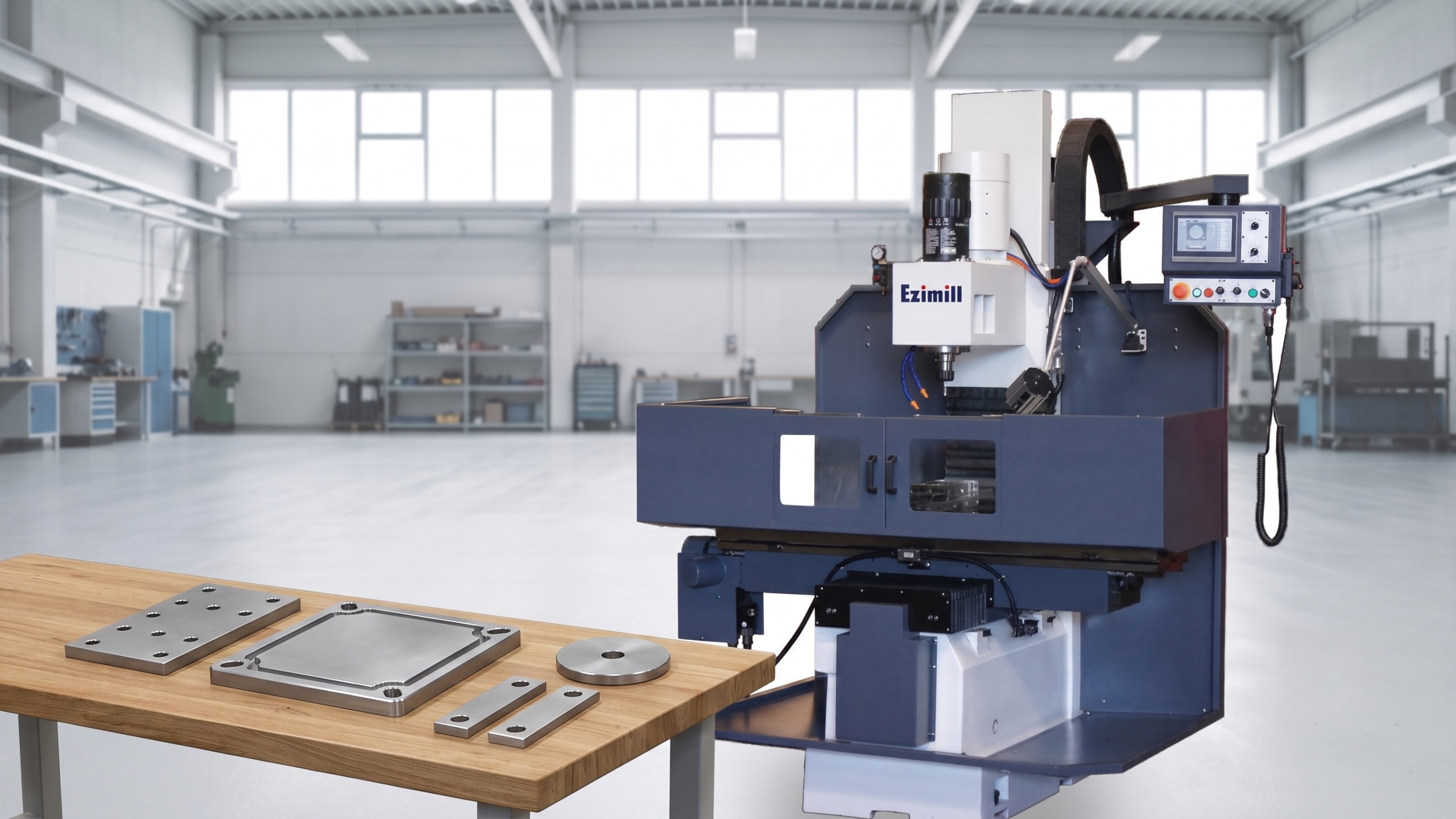 Ezimill Intuitive Touch Smart milling machine on the shop floor, with milled parts on a workbench in the foreground