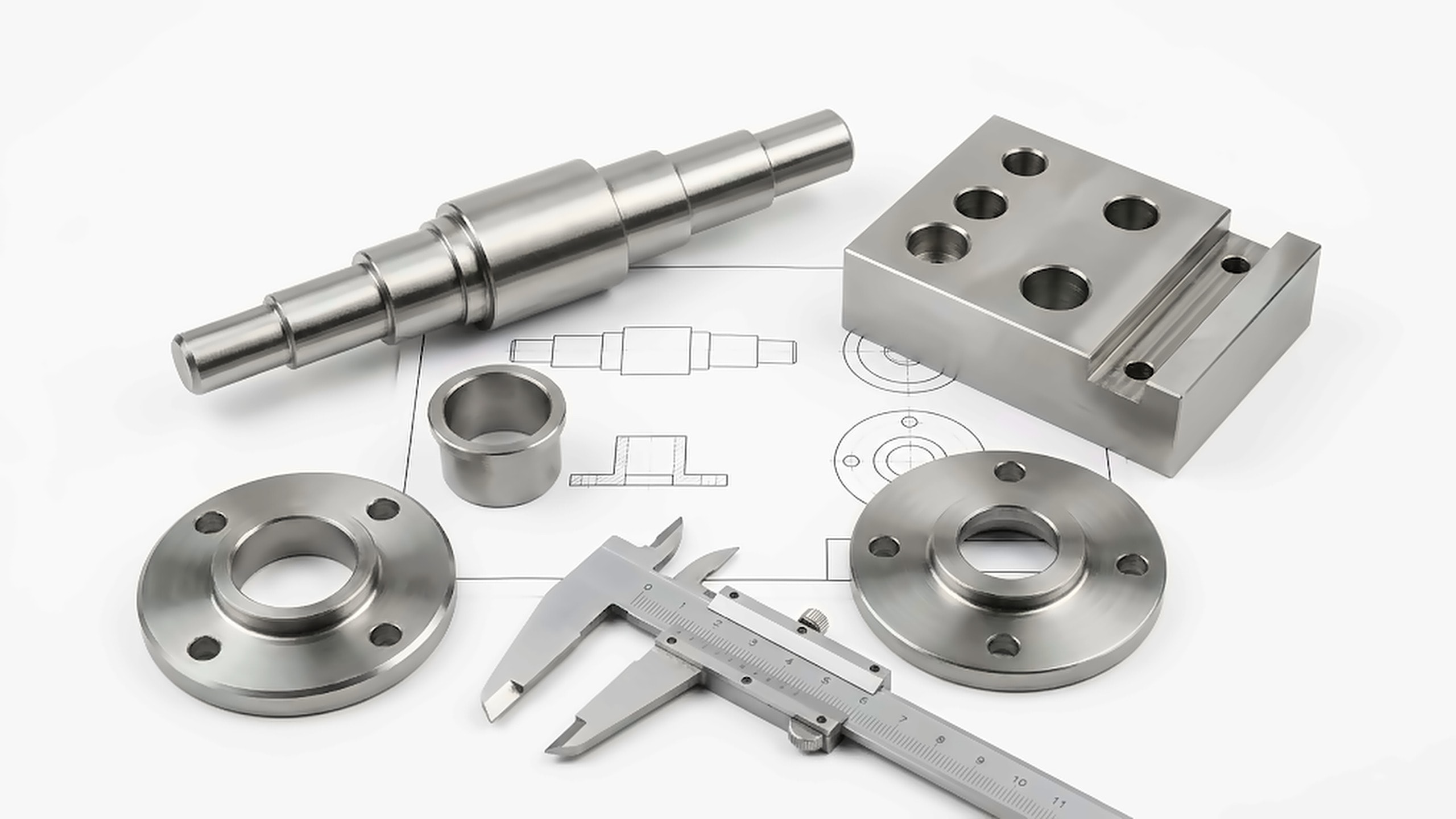 Finished turned and milled parts on an engineering drawing — stepped shaft, flanges, bushing and fixture block, with a vernier caliper