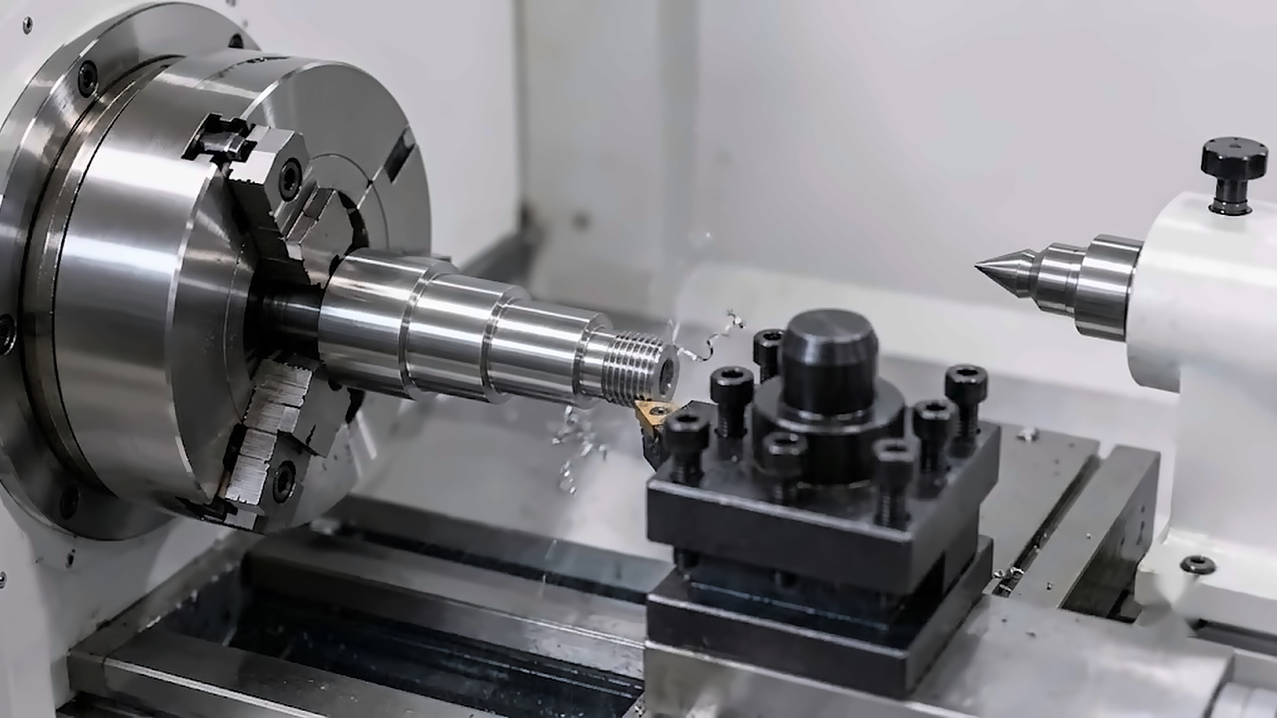Turning in progress — a stepped shaft held in a 3-jaw chuck, front-mounted turning tool cutting the threaded section with chips curling off